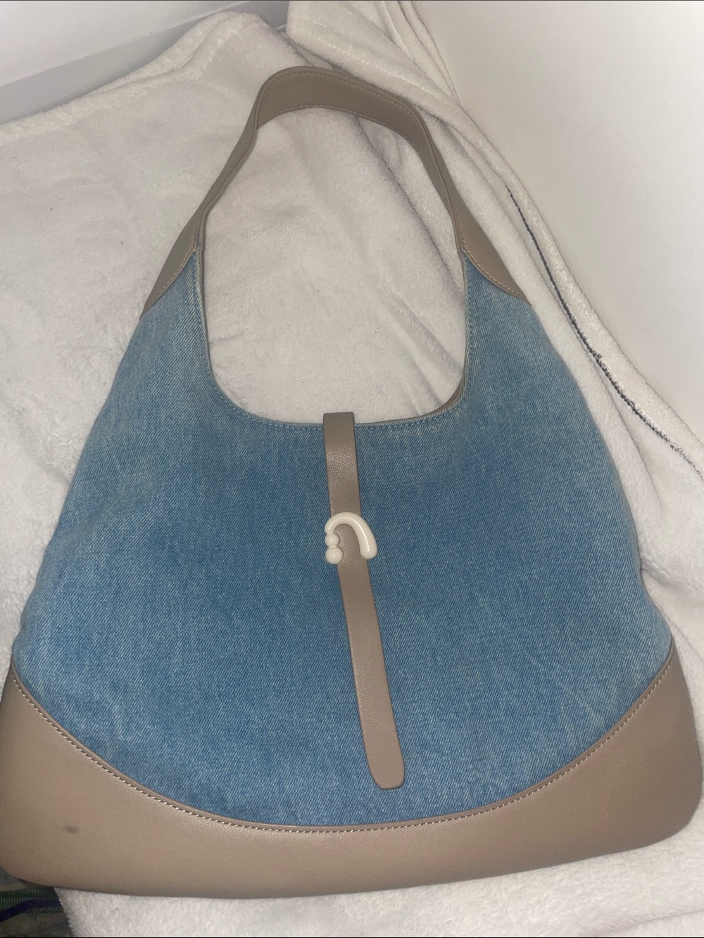Denim and Taupe Hobo Bag with Accent Strap